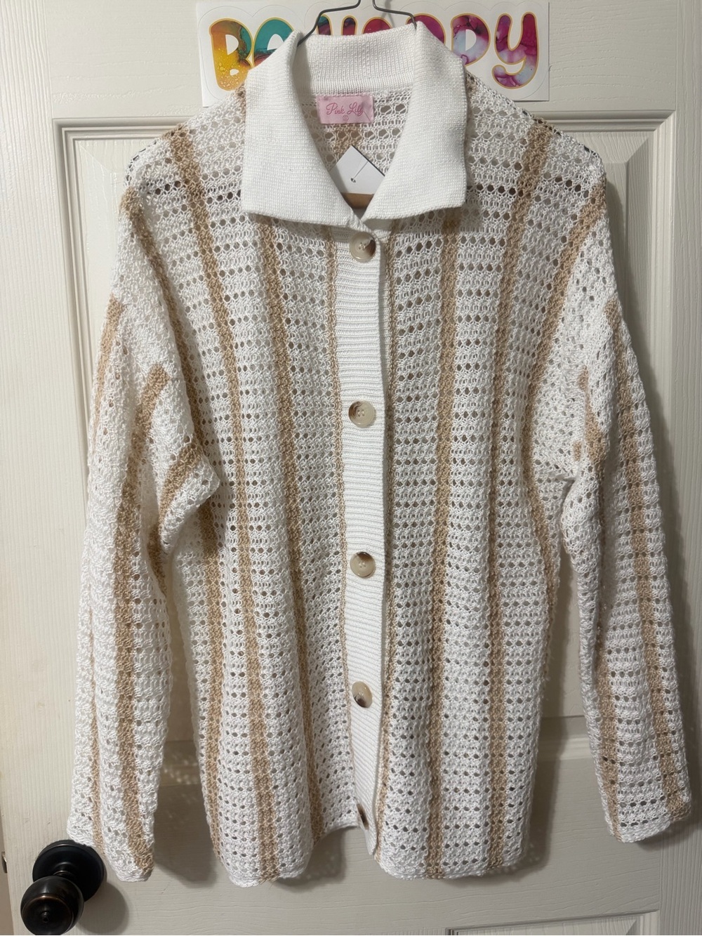 Pink Lily White and Beige Striped Open-Knit Button Cardigan